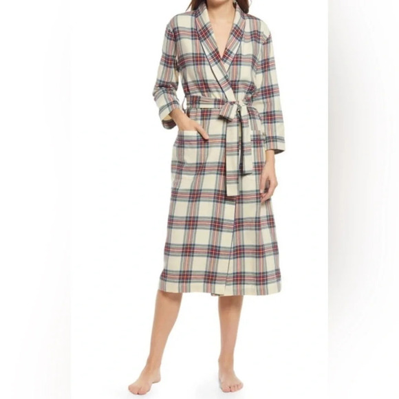 Sleepy Jones Marianne Brushed Cotton Twill Plaid Robe in Camel - Picture 8 of 8